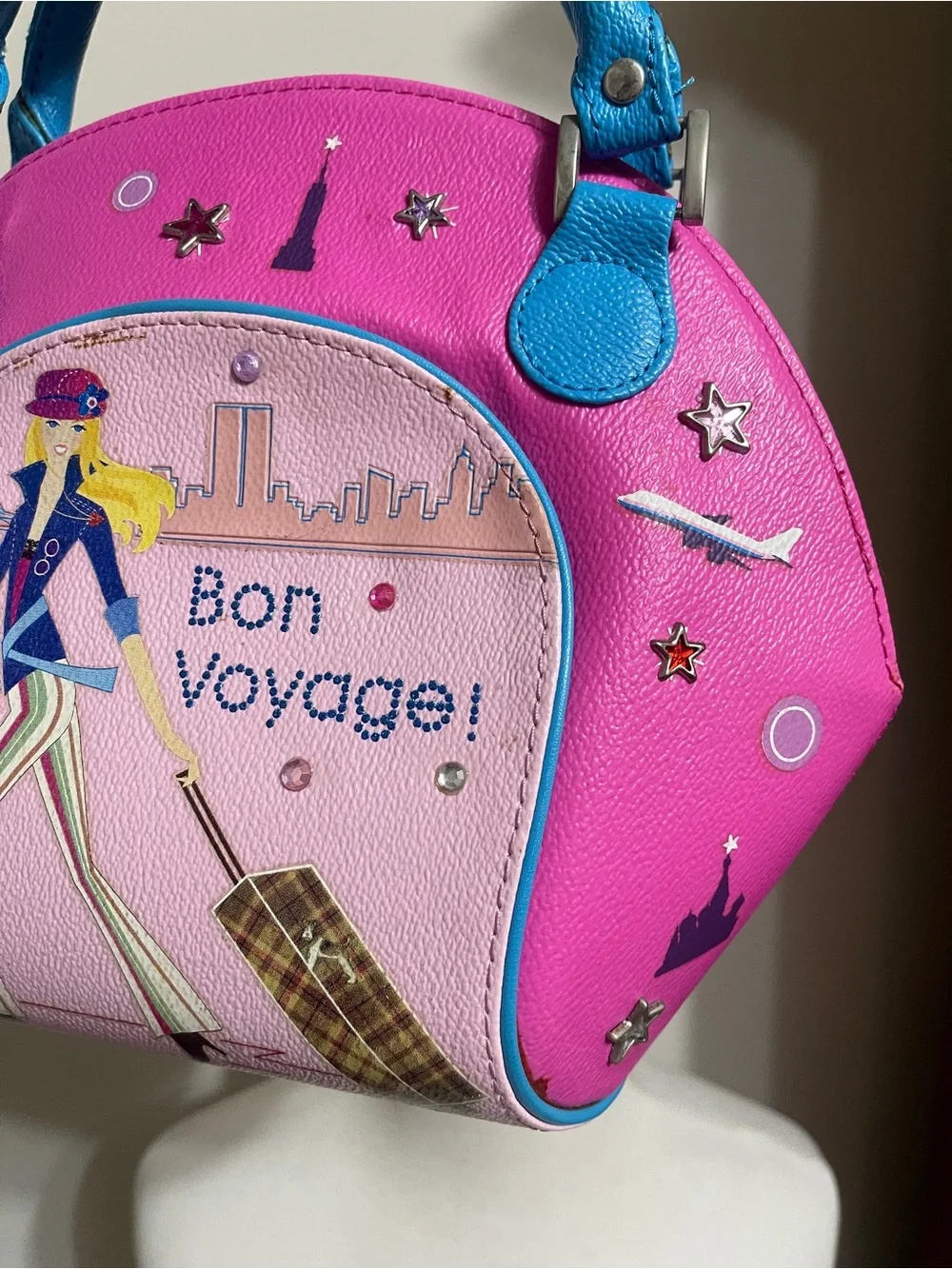 Barbie VTG Bon Voyage Pink & Blue Dome Satchel Bag